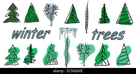 Alberi invernali, foresta disegnata a mano, alberi di Natale astratti, illustrazione vettoriale Illustrazione Vettoriale