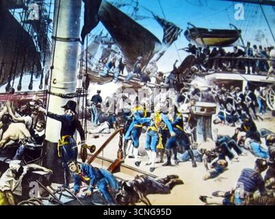 Illustrazione della morte di Lord Nelson (da uno scivolo magico vittoriano) Foto Stock