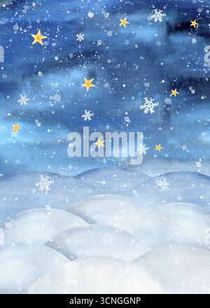 Modello di paesaggio invernale per le vacanze. Neve deserta, cielo notturno, nevicata, stella d'oro, cornice artistica con fiocchi di neve. Sfondo neve, anno nuovo Foto Stock