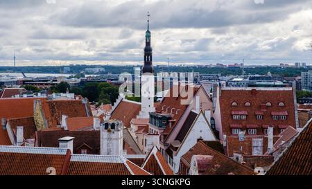L'affascinante skyline di Tallinns presenta torri medievali e tetti di tegole rosse in contrasto con gli edifici contemporanei. Foto Stock