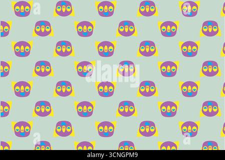 Divertente motivo vettoriale senza cuciture con volti astratti ispirati al gufo con teste viola, dettagli gialli e occhi verdi lime. Contro un blu tenue Illustrazione Vettoriale