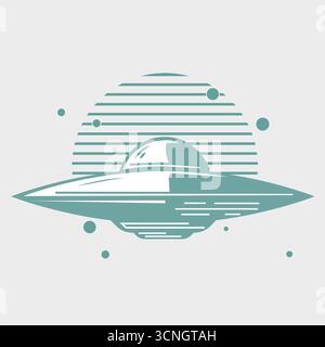 Retro Pixel Art UFO: Progettazione di veicoli spaziali con sfondo tramonto, Design per T-shirt Illustrazione Vettoriale