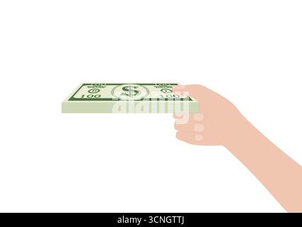 Mano che tiene una pila di banconote da dollari o contanti. Illustrazione vettoriale isolata su sfondo bianco. Illustrazione Vettoriale