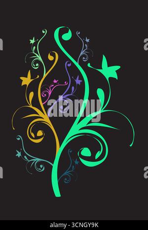 Moderno vettore astratto con linee vorticose e sfumature vibranti in verde, giallo, viola e blu. Impostato su uno sfondo nero intenso Illustrazione Vettoriale