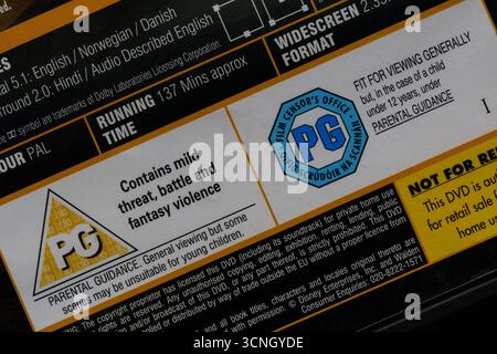 Classificazione PG su custodia DVD Foto Stock