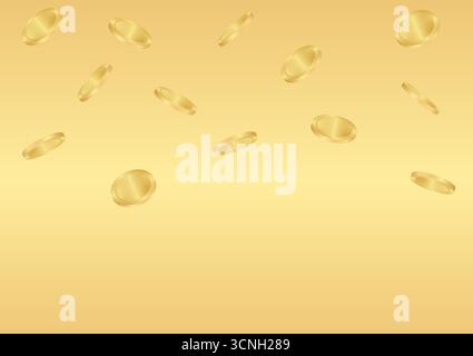 Monete d'oro che cadono o volano. Monete d'oro su sfondo dorato. Concetto di ricchezza e ricchezza. Illustrazione vettoriale. Illustrazione Vettoriale