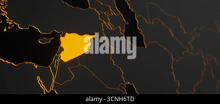Mappa Golden Syria 3d circondata con altri paesi in nero con bordi dorati e dof poco profondi. Asia mappa politica con confini Foto Stock