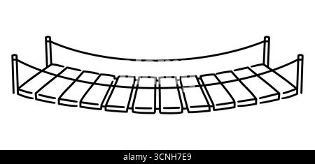 Semplice disegno in bianco e nero di un ponte in legno con fune di sospensione. Illustrazione della clipart vettoriale. Illustrazione Vettoriale