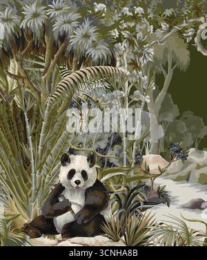 Murale della giungla tropicale con Pandas e Tigre Bianca in una lussureggiante scena verde Illustrazione Vettoriale