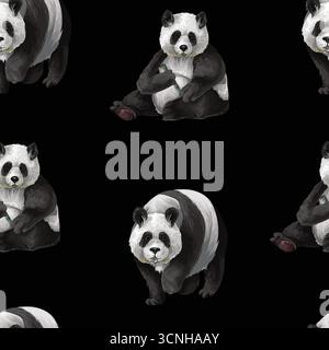 Fantasia di panda senza cuciture con adorabili e giocosi Pandas ad alta risoluzione che mangiano bambù Illustrazione Vettoriale