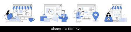 Negozio online. Icone infografiche eCommerce. Carattere riga con elenco prodotti e pagamento cliente per l'acquisto. App mobile per lo shopping. Star dell'esperienza utente. Consegna ordini via Internet. Set di concetti vettoriali Illustrazione Vettoriale