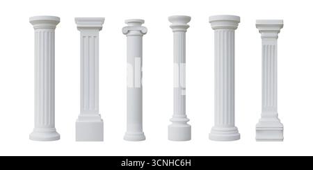 montante 3d. Antica colonna greca, tempio di marmo romano o antica architettura greca. Scultura classica di Roma bianca. Oggetto architettura Oder. Corinzio dorico e ionico. Icone di rendering isolate dal vettore Illustrazione Vettoriale