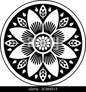 Fiore folcloristico stilizzato in bianco e nero, elemento decorativo floreale, illustrazione vettoriale, stile mandala, layout simmetrico e contrasto audace, decoro Illustrazione Vettoriale