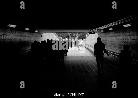 Ombre e sagome riempiono un sottopassaggio pedonale a Nara Foto Stock