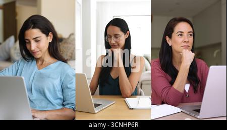 Vista collage di tre giovani donne multinazionali che utilizzano notebook Foto Stock