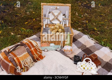 Un accogliente piatto da picnic autunnale con cesto aperto in vimini pieno di piatti e posate, una coperta a quadri e un tiepido lancio con frange. Foto Stock