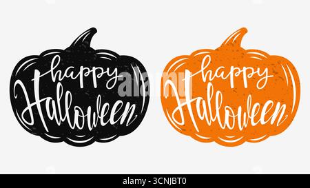 Scritta Happy Halloween disegnata a mano all'interno di zucche nere e arancioni con effetto grunge vintage testurizzato Illustrazione Vettoriale