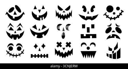 Facce di zucca di Halloween con una varietà di espressioni spaventose e felici. Illustrazione vettoriale piatta con occhi e bocca divertenti e spaventosi sulla schiena bianca Illustrazione Vettoriale