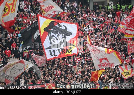 Francoforte, Germania. 21 settembre 2025. Fussball 1. Bundesliga 4. Spieltag Eintracht Francoforte - 1. FC Union Berlin AM 21.09.2025 im Deutsche Bank Park di Francoforte le normative Berliner Gaestefans DFL vietano qualsiasi uso di fotografie come sequenze di immagini e/o quasi-video. Foto: Revierfoto credito: ddp media GmbH/Alamy Live News Foto Stock