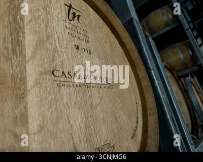 Eleganti sale di degustazione, cantine in botti di quercia e mostre curate di raffinati vini cileni in un vigneto nella valle di Casablanca vicino a Valparaí Foto Stock
