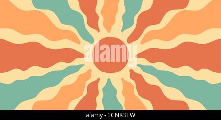 Retrò Groovy Sun Burst con razze ondulate Illustrazione Vettoriale