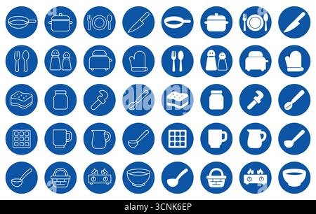 Una collezione di icone di utensili da cucina e cucina con un design circolare blu. Ideale per progetti, ricette e temi culinari legati al cibo. Illustrazione Vettoriale