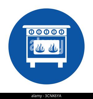 Una semplice icona bianca della stufa con fiamme, su uno sfondo circolare blu. Ideale per progetti di cucina, menu o progetti di cucina. Illustrazione Vettoriale