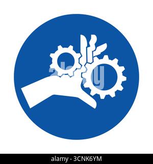Questa immagine presenta una mano che tiene in mano vari strumenti e ingranaggi, simboleggiando l'ingegneria, la manutenzione e soluzioni innovative all'interno di un cerchio blu Illustrazione Vettoriale