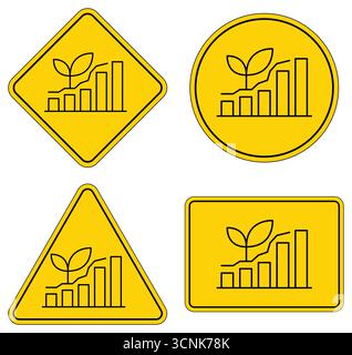 Un vivace set di icone gialle che illustrano i concetti di crescita con piante e grafici a barre. Ideale per aziende, finanza e temi ambientali. Illustrazione Vettoriale