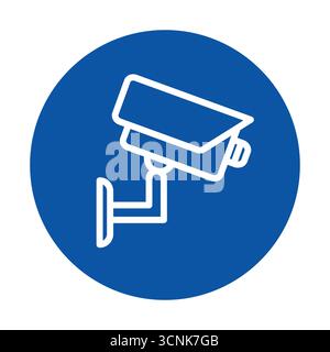 Icona minimalista della telecamera di sorveglianza con contorno bianco su sfondo circolare blu. Ideale per temi di sicurezza, sicurezza e tecnologia in vari modi Illustrazione Vettoriale
