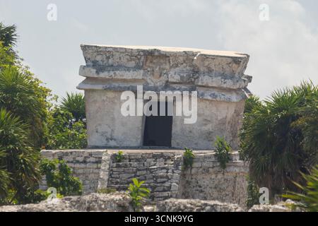 Vicino a un bellissimo tempio maya antico con pietra scolpita e scale che conducono alla zona archeologica di tulum Foto Stock