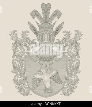 Stemma della famiglia reale, stemma medievale, casco da cavaliere con ornamento floreale all'araldica e colomba in scudo, illustrazione in stile disegno con incisione Vintage Illustrazione Vettoriale