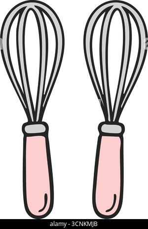 Due fruste in metallo a palloncino con manici dai colori morbidi per montare pastella e panna Illustrazione Vettoriale