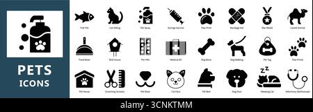 Raccolta icone animali | Set vettoriale accessori veterinari, cura del corpo, adozione e animali Illustrazione Vettoriale