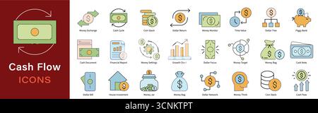 Set icone flusso di cassa: Raccolta vettoriale di gestione finanziaria e budget per attività e investimenti Illustrazione Vettoriale