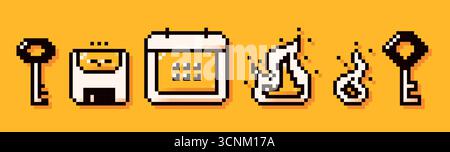 Icone pixel art su sfondo giallo. Due chiavi, un floppy disk, un calendario, due fuochi disegnati in semplice stile Y2K bit. Illustrazione Vettoriale