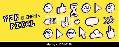 Elementi dell'interfaccia utente 3d pixel Y2K su sfondo giallo. Emoji isometrica a 8 bit, frecce, gesti e bolla vocale. Illustrazione Vettoriale