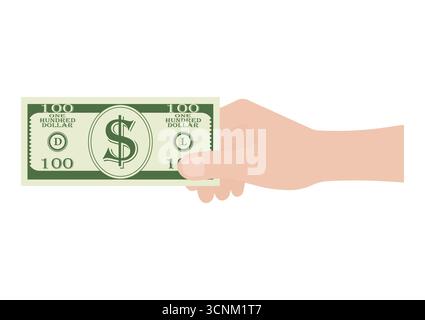 Mano che tiene in mano banconote da dollari o contanti. Illustrazione vettoriale isolata su sfondo bianco. Illustrazione Vettoriale
