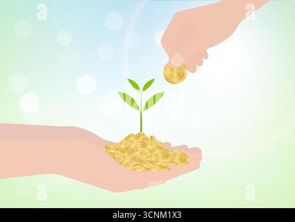 Mano che tiene monete e Money Plant. Illustrazione vettoriale su sfondo bianco. Concetto di crescita del denaro, risparmio e investimenti. Illustrazione Vettoriale