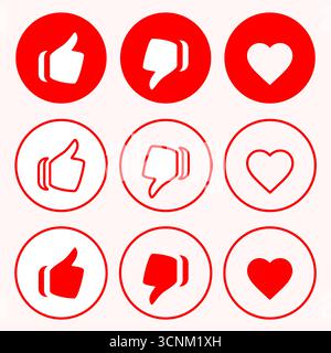 Raccolta di icone di tipo, antipatia e amore sui social media. Illustrazione vettoriale. Illustrazione Vettoriale