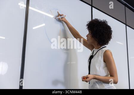 Donna che disegna un grafico a torta colorato, utilizzando dei pennarelli sulla lavagna bianca nella sala conferenze con illuminazione dei binari Foto Stock