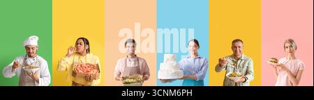 Gruppo di persone con cibo gustoso su sfondo colorato Foto Stock