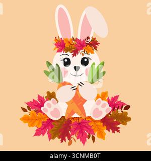 Simpatico coniglietto con carota in Autumn Leaves Wreath Illustrazione Vettoriale