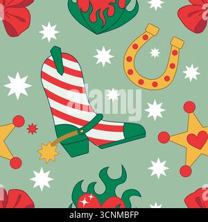 Motivo natalizio Cowgirl senza cuciture. Tema western da cowboy, stivali come cannucce natalizie, Bow, Heart in stile natalizio rosso e verde. Stampa vettoriale disegnata a mano per carta da imballaggio, festa di Capodanno. Illustrazione Vettoriale