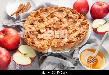 Torta di mele fatta in casa con una fetta mancante, circondata da mele fresche, cannella e miele Foto Stock