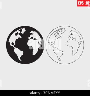 Icone del globo terrestre. emisferi terrestri con continenti. mappa vettoriale del mondo. Illustrazione Vettoriale