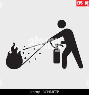 Il pompiere con estintore combatte la fiamma, l'estintore si prepara a spegnere un incendio. Incidente estremamente pericoloso. Combattere il fuoco. Disegnato a mano Illustrazione Vettoriale