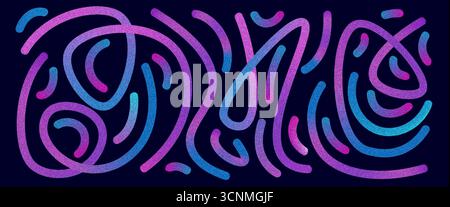 Set di linee blu e viola sfumate al neon ondulate e granulose. Raccolta di forme di rumore lunghe astratte. Scarabocchi decorativi. Magenta e rosa curvi Illustrazione Vettoriale