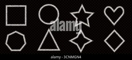 Set di cornici sottili per forme geometriche Salt. Bordi granulosi in polvere di zucchero bianco con texture a grana, a triangolo e a cuore. Polvere di farina eleme Illustrazione Vettoriale