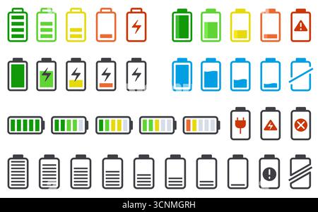 Icona di stato della batteria. Indicatore UI di ricarica elettrica, bici elettrica, simboli di stato del livello di carica della batteria per auto e telefono, batteria completamente carica e scarica Illustrazione Vettoriale